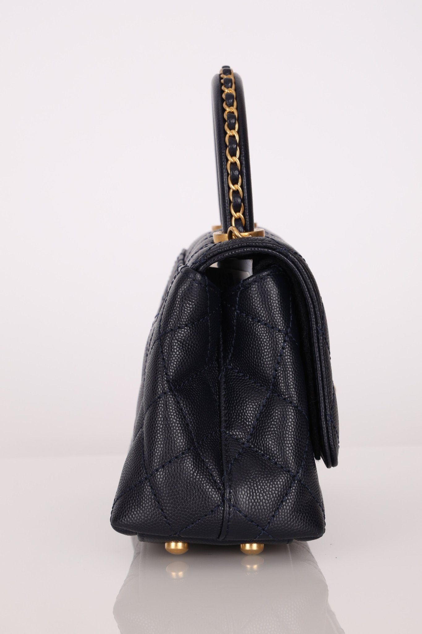 Limited Edition Chanel 23P Caviar Chain Handle Coco Navy Top Handle - FashioNica