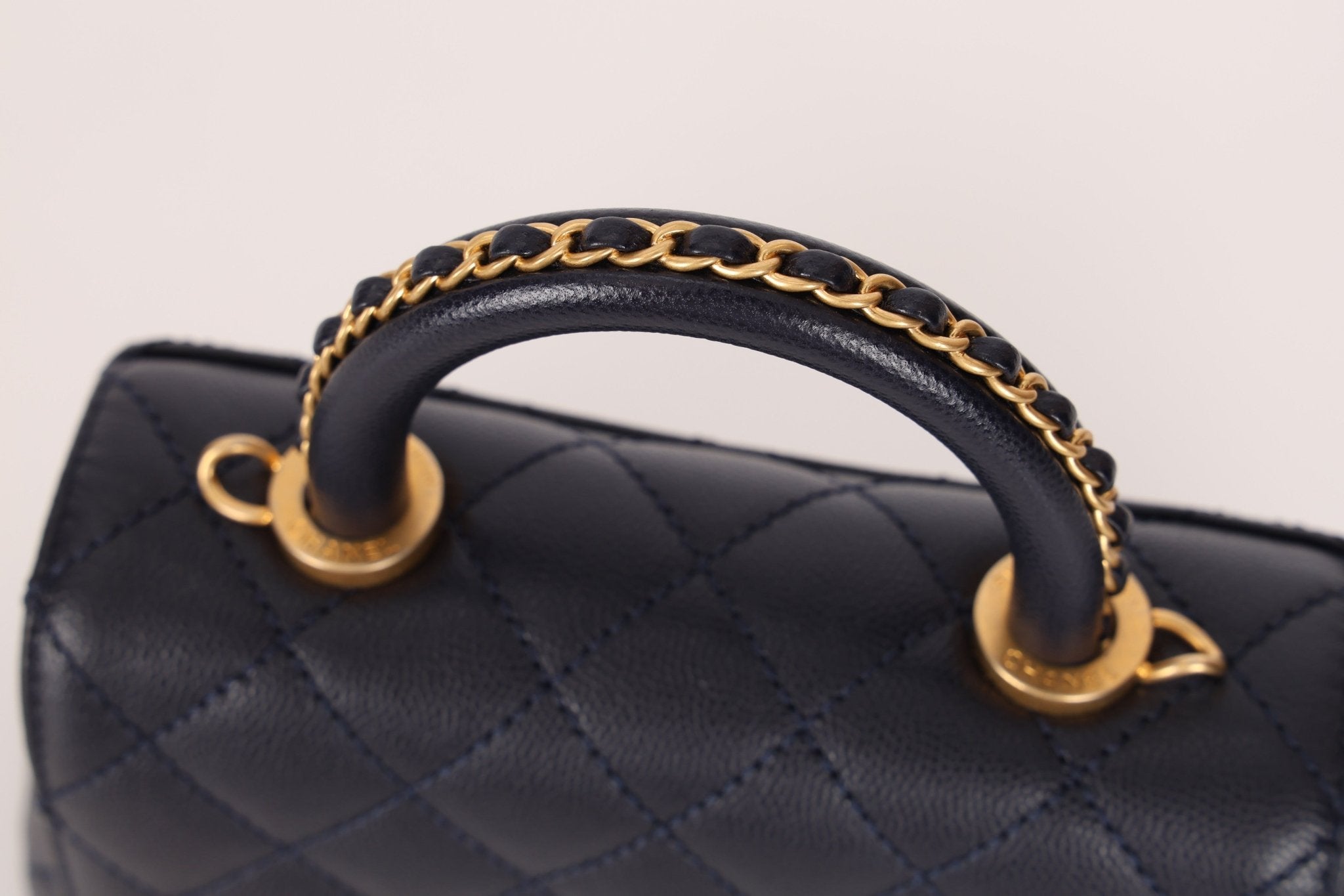 Limited Edition Chanel 23P Caviar Chain Handle Coco Navy Top Handle - FashioNica