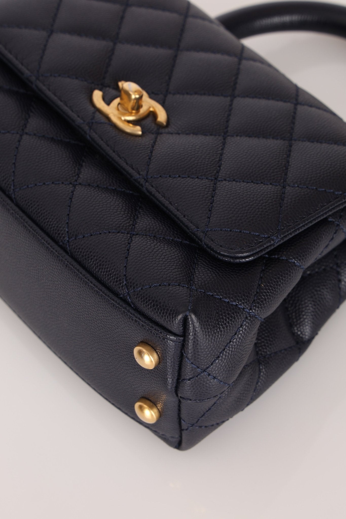 Limited Edition Chanel 23P Caviar Chain Handle Coco Navy Top Handle - FashioNica