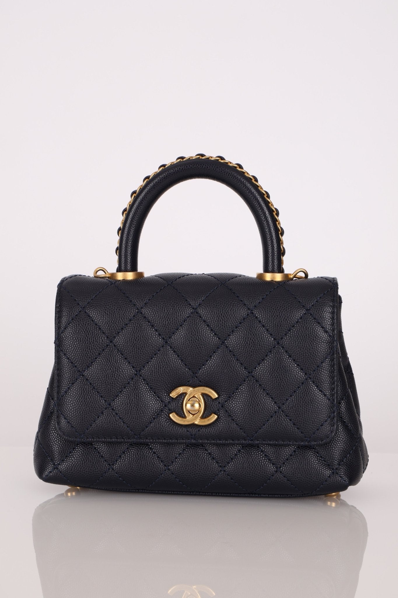 Limited Edition Chanel 23P Caviar Chain Handle Coco Navy Top Handle - FashioNica