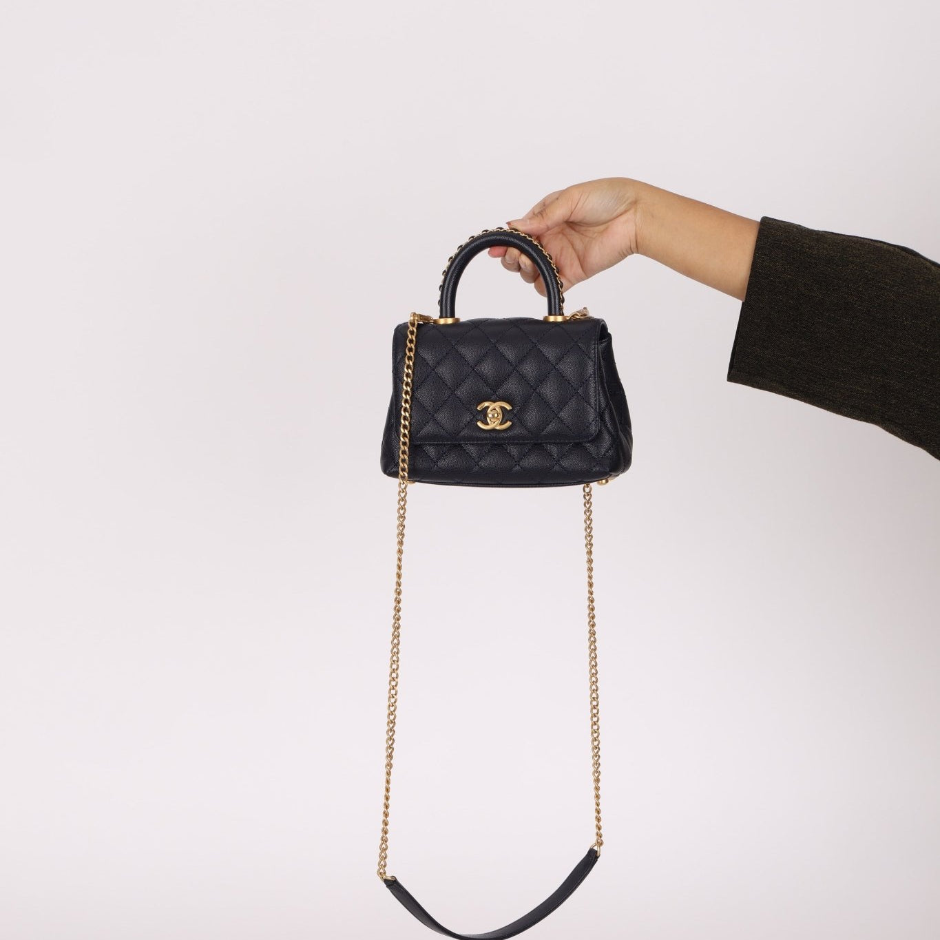 Limited Edition Chanel 23P Caviar Chain Handle Coco Navy Top Handle - FashioNica