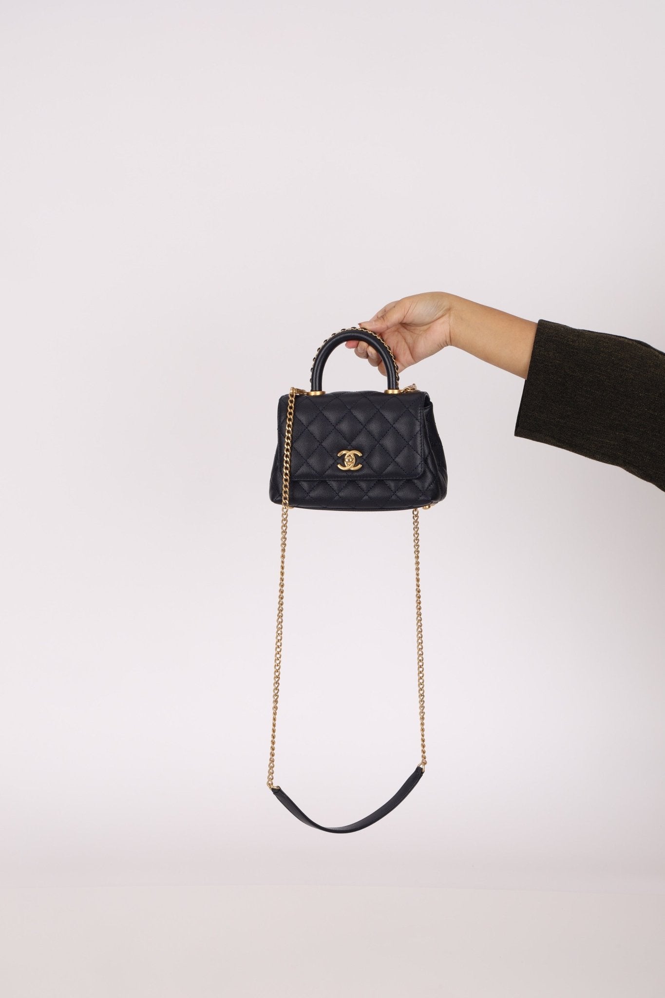 Limited Edition Chanel 23P Caviar Chain Handle Coco Navy Top Handle - FashioNica