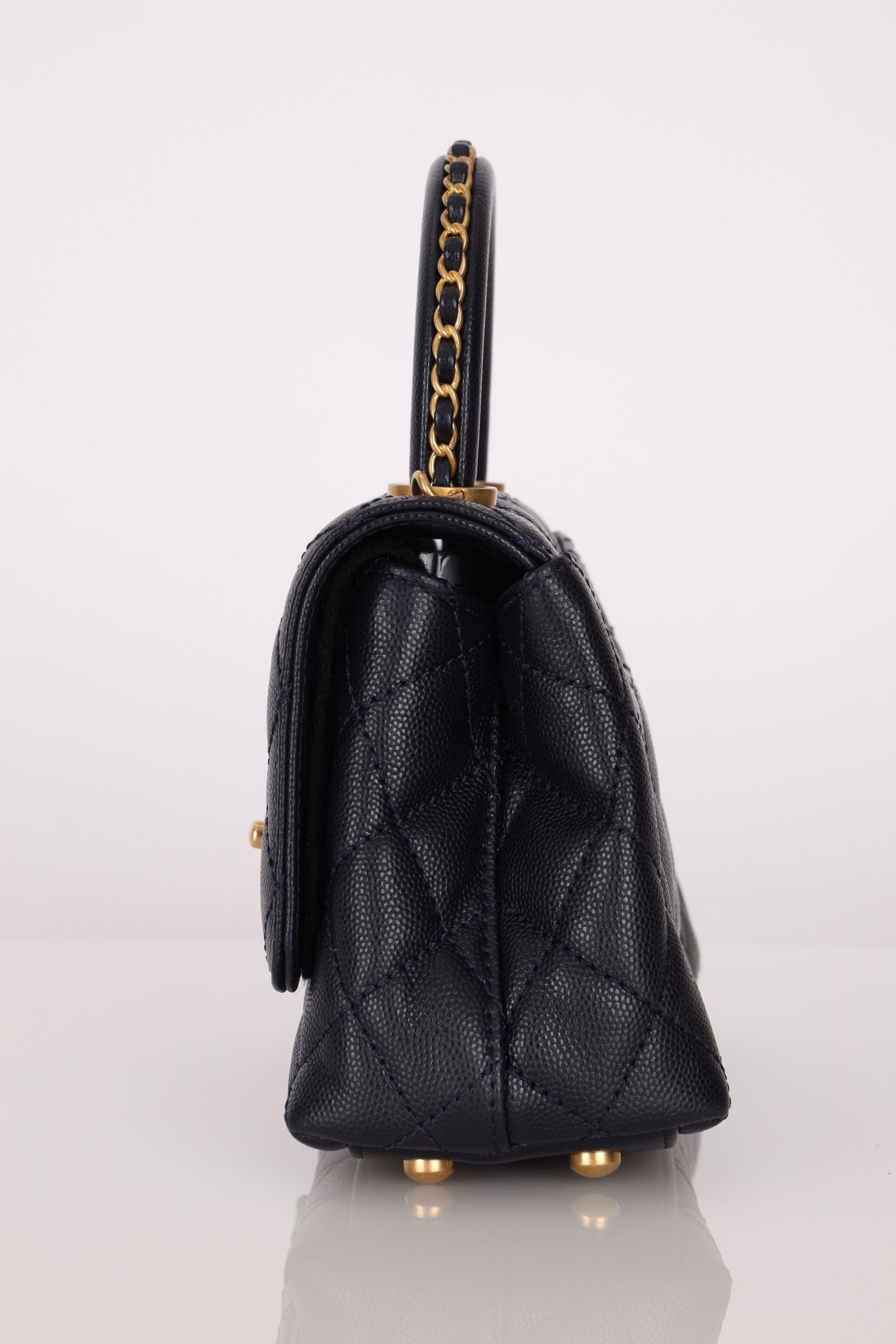 Limited Edition Chanel 23P Caviar Chain Handle Coco Navy Top Handle - FashioNica