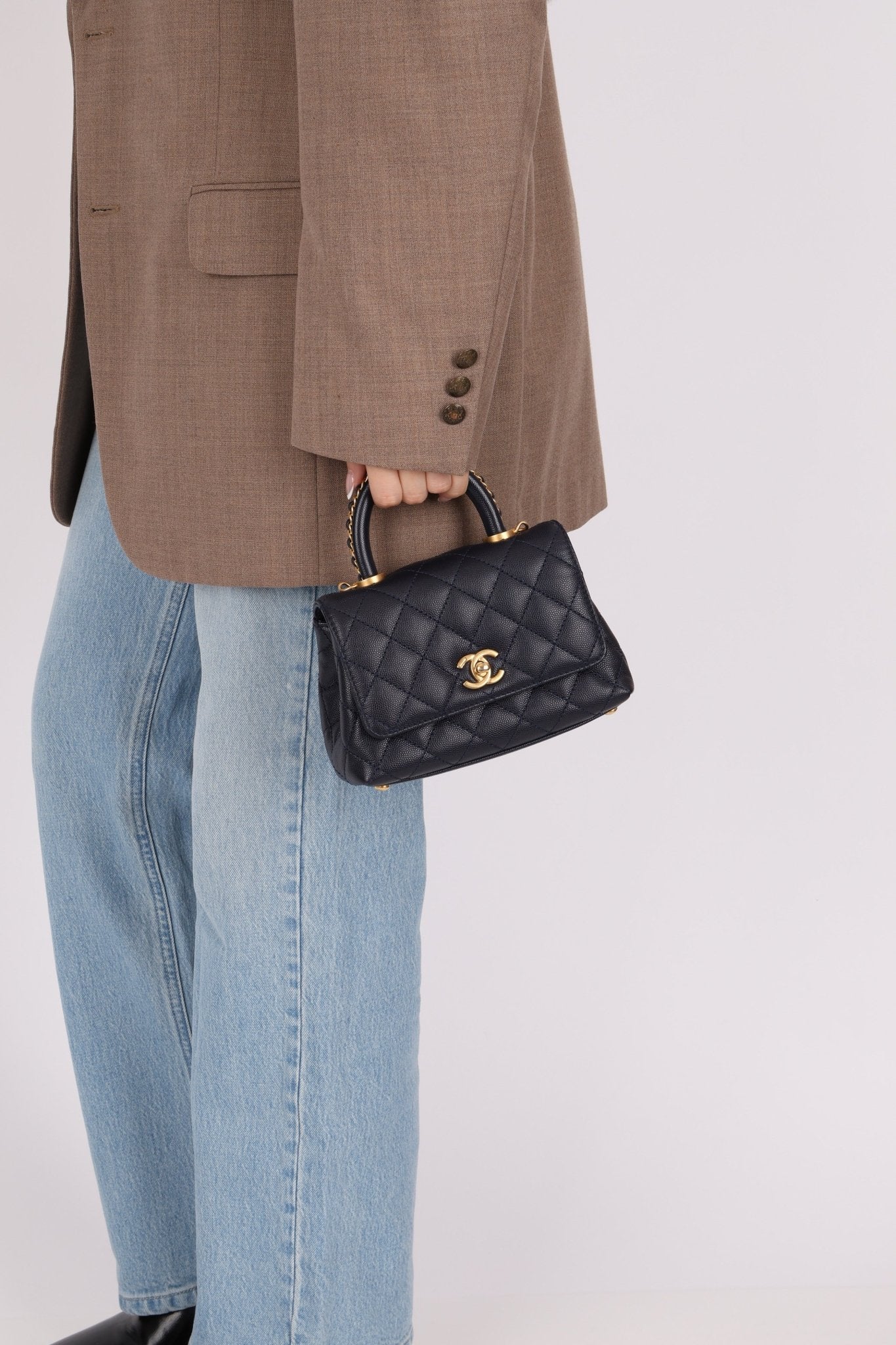 Limited Edition Chanel 23P Caviar Chain Handle Coco Navy Top Handle - FashioNica