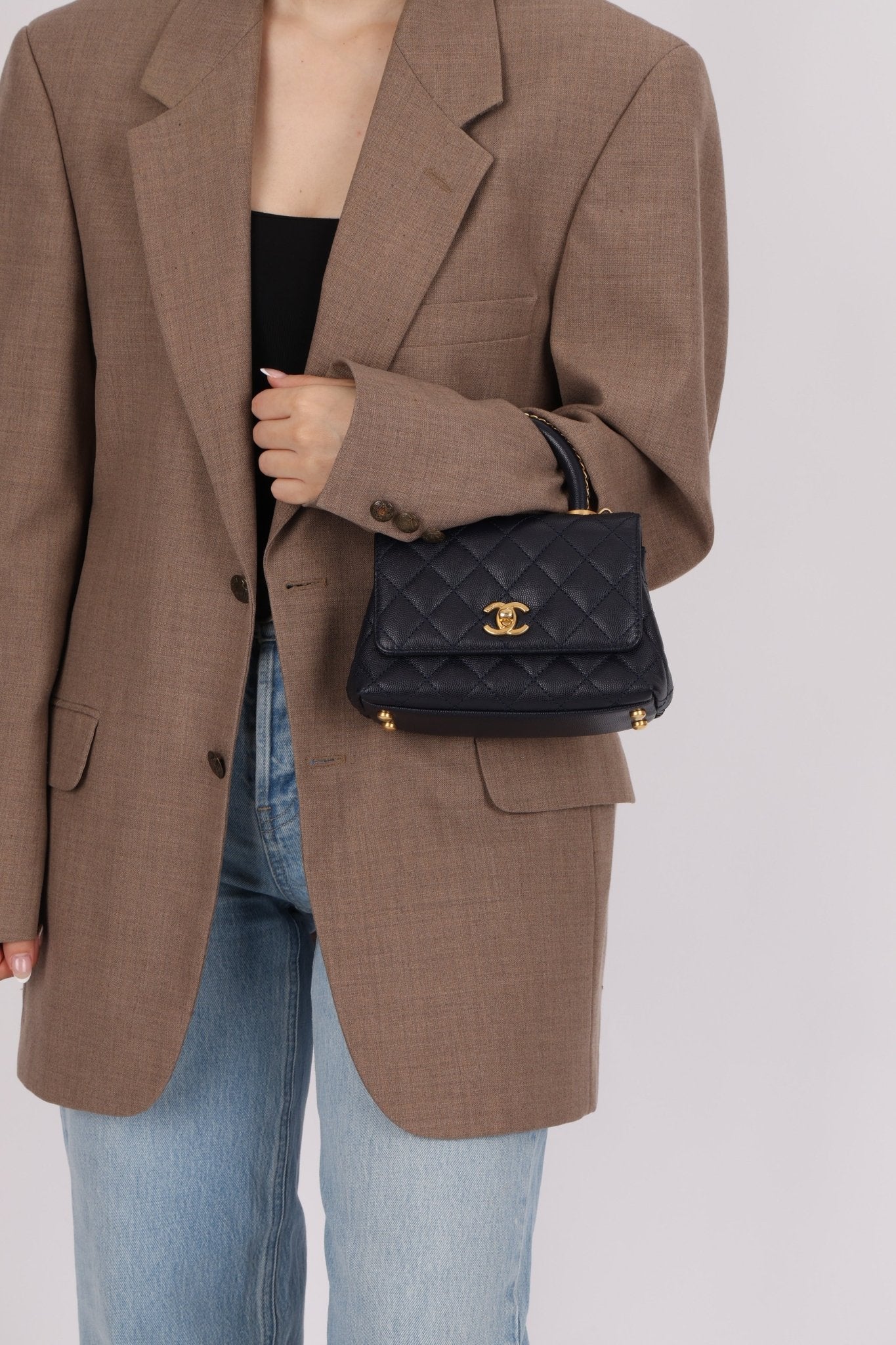 Limited Edition Chanel 23P Caviar Chain Handle Coco Navy Top Handle - FashioNica