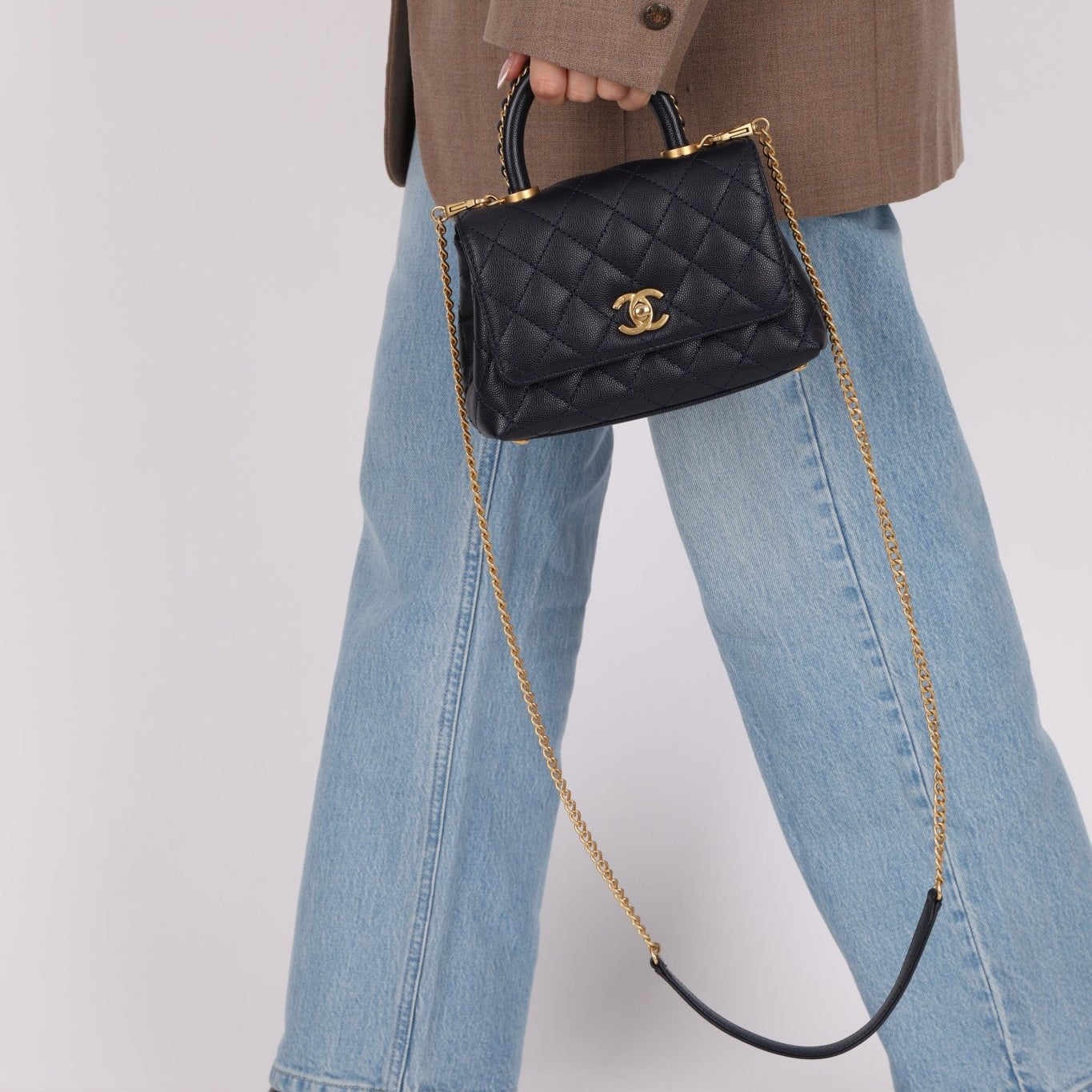 Limited Edition Chanel 23P Caviar Chain Handle Coco Navy Top Handle - FashioNica