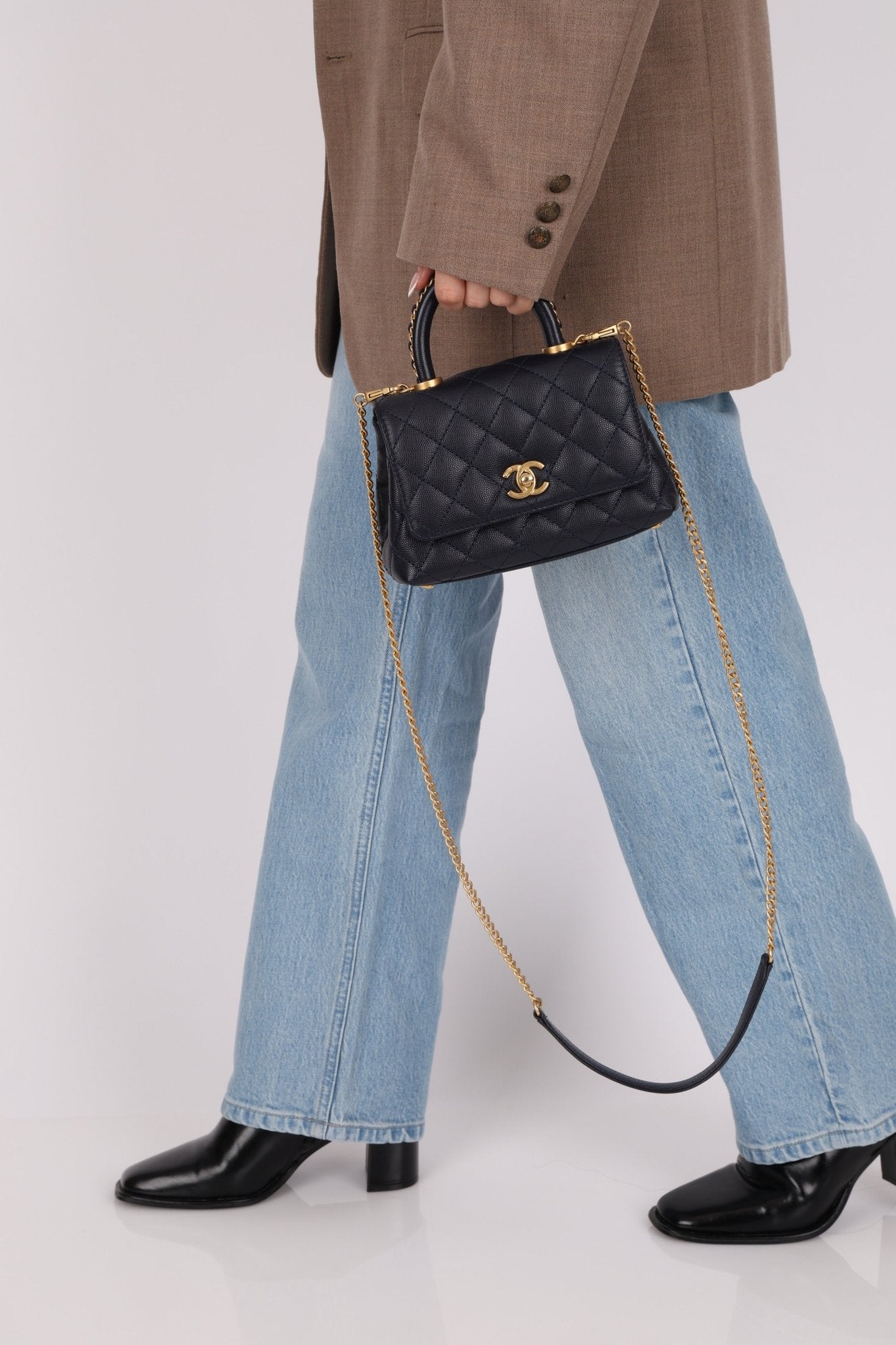 Limited Edition Chanel 23P Caviar Chain Handle Coco Navy Top Handle - FashioNica