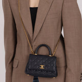 Limited Edition Chanel 23P Caviar Chain Handle Coco Navy Top Handle - FashioNica