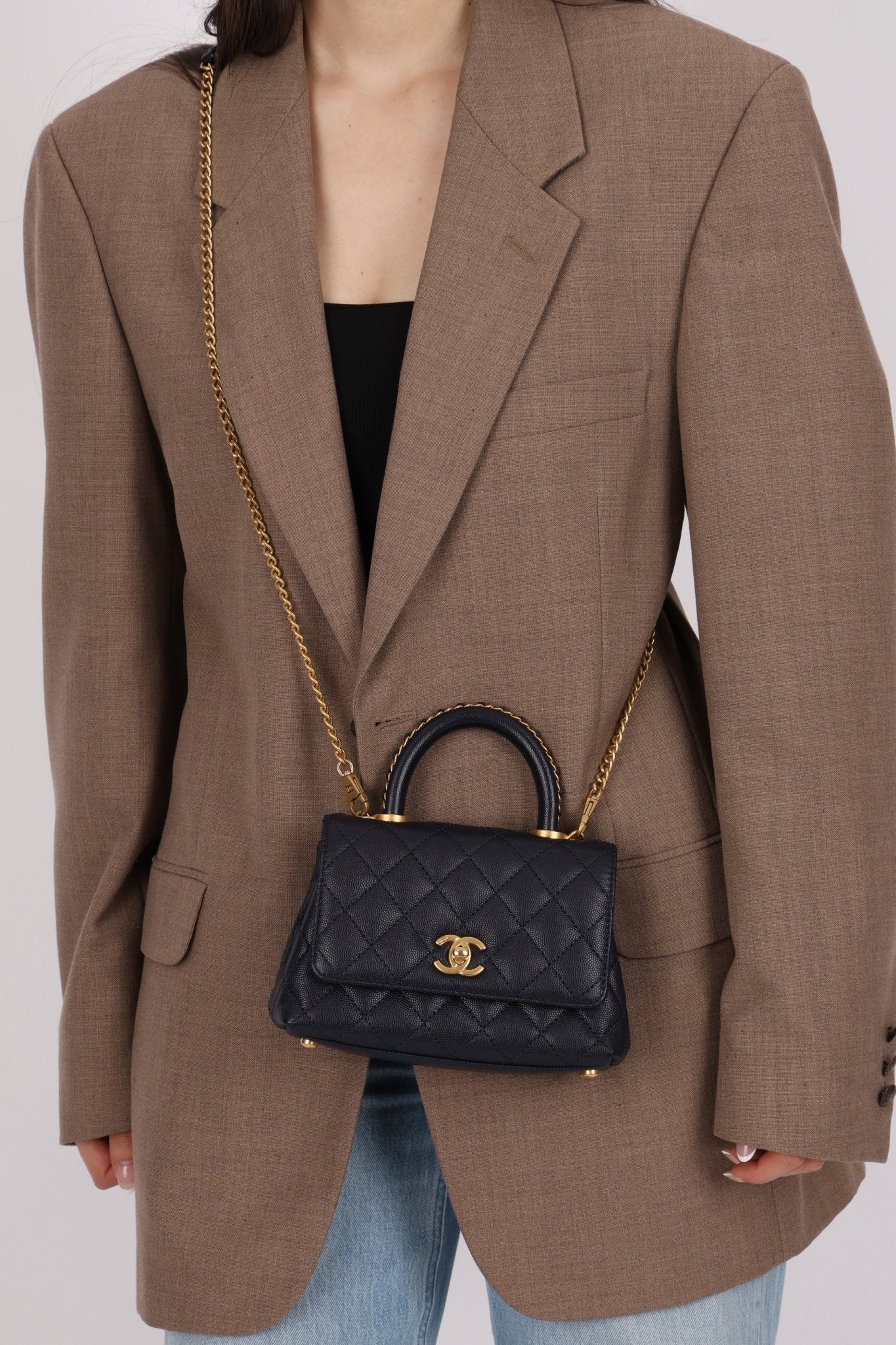 Limited Edition Chanel 23P Caviar Chain Handle Coco Navy Top Handle - FashioNica