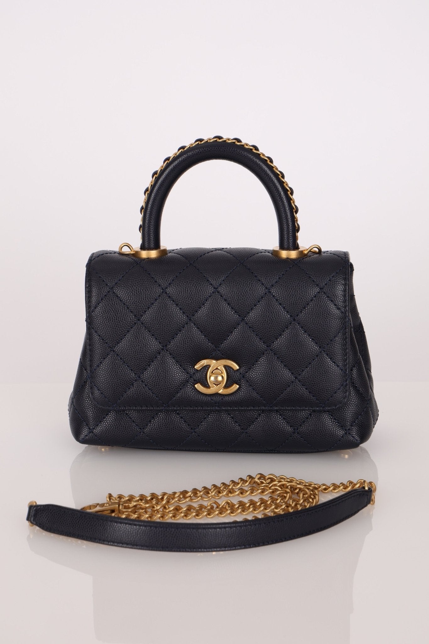 Limited Edition Chanel 23P Caviar Chain Handle Coco Navy Top Handle - FashioNica