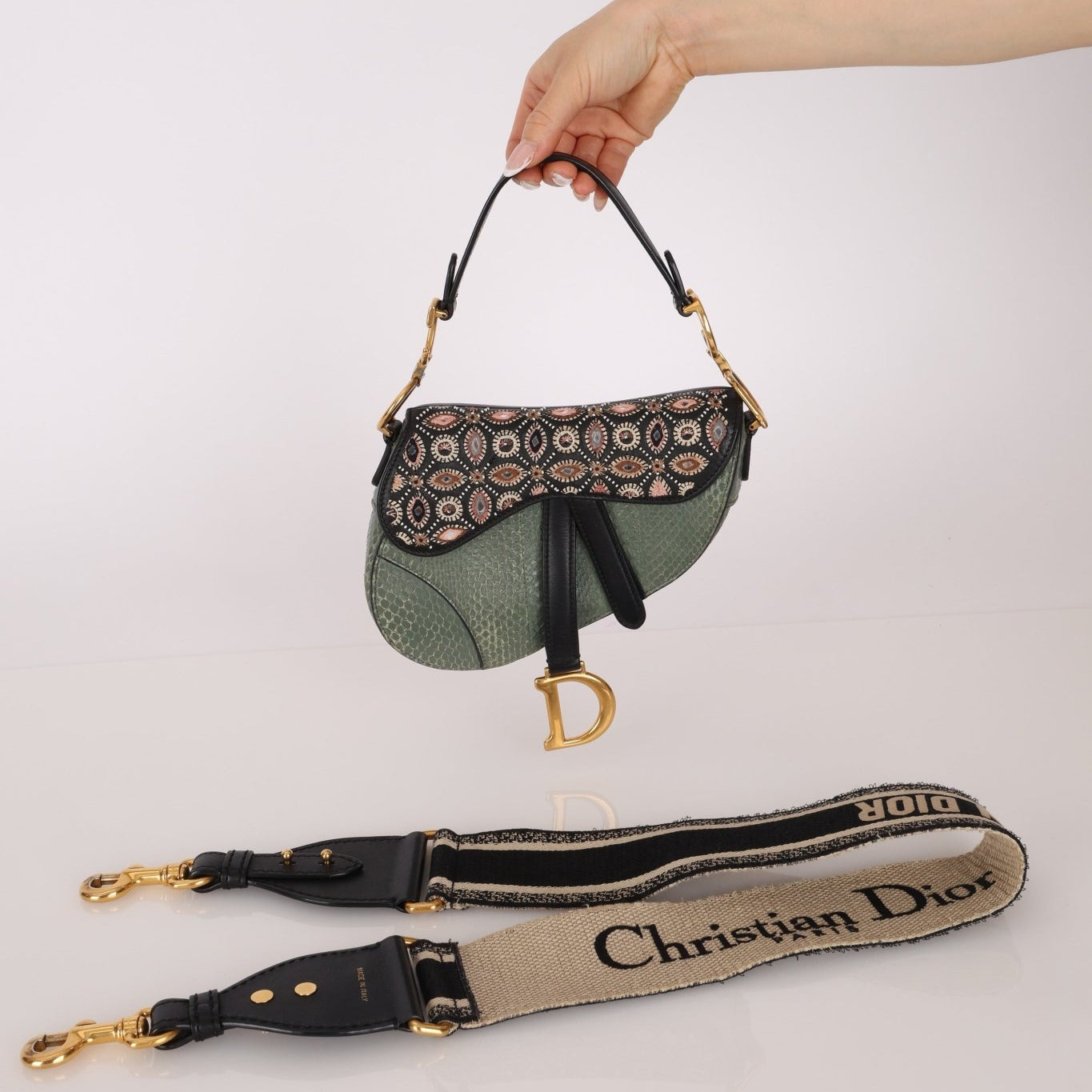 Limited Edition Dior 2019 Beaded Python Mini Saddle with Dior Guitar Strap - FashioNica
