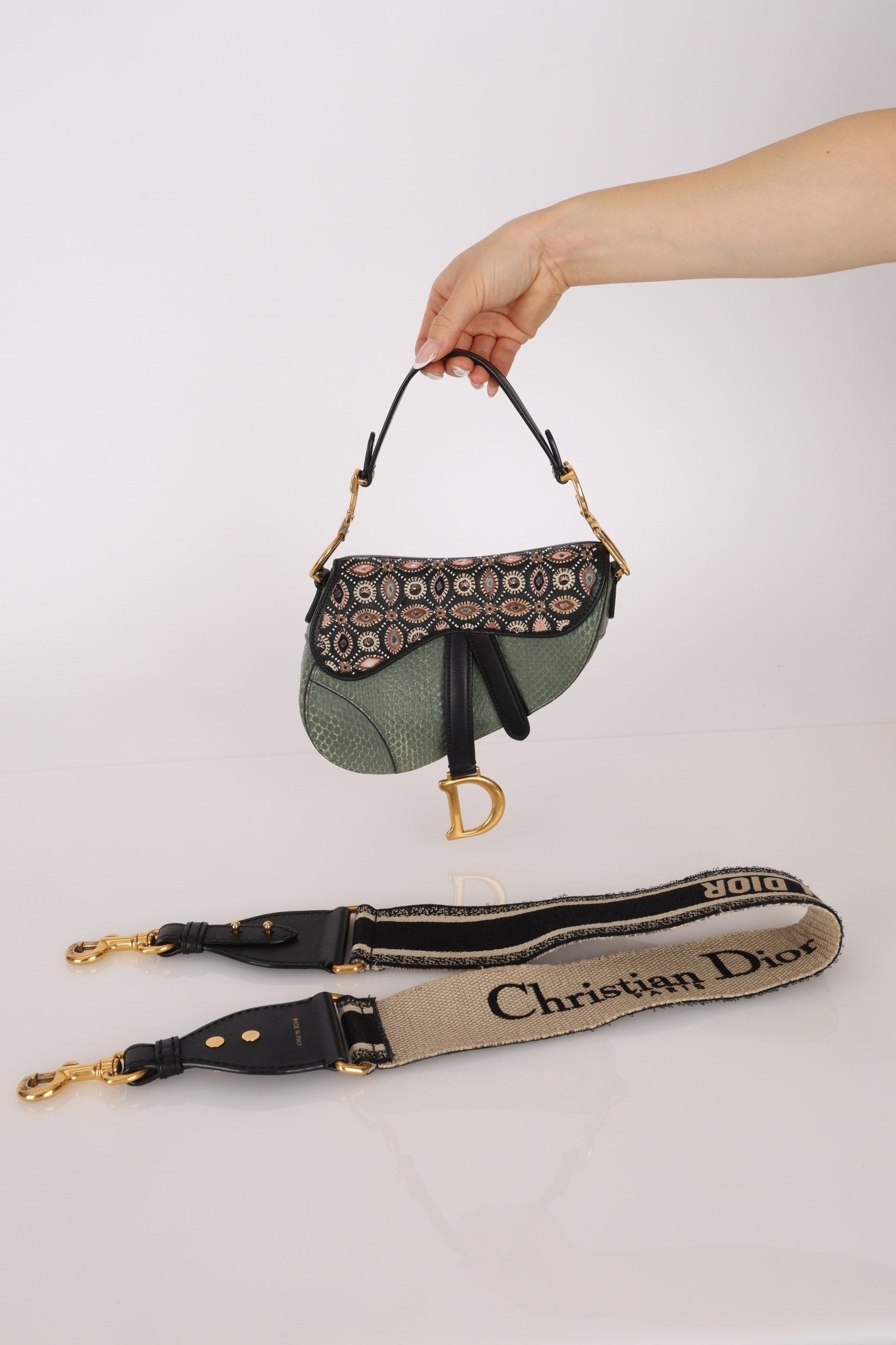 Limited Edition Dior 2019 Beaded Python Mini Saddle with Dior Guitar Strap - FashioNica