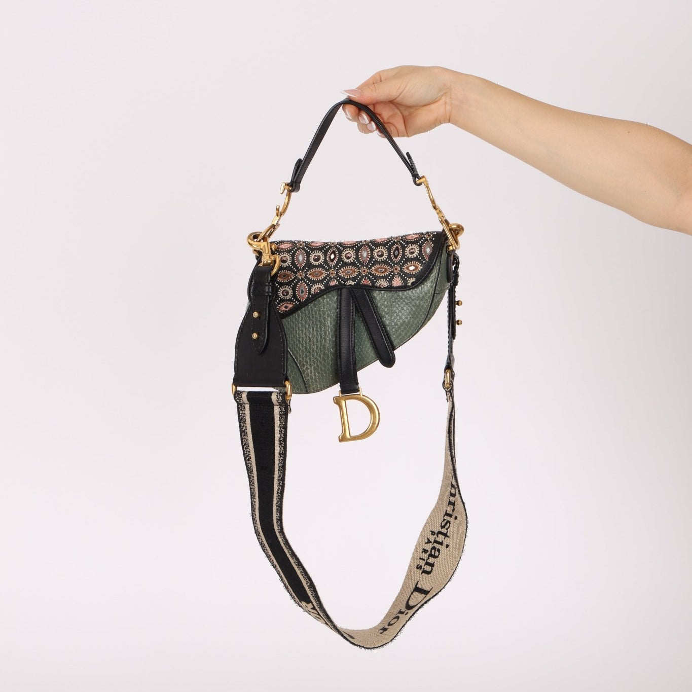 Limited Edition Dior 2019 Beaded Python Mini Saddle with Dior Guitar Strap - FashioNica