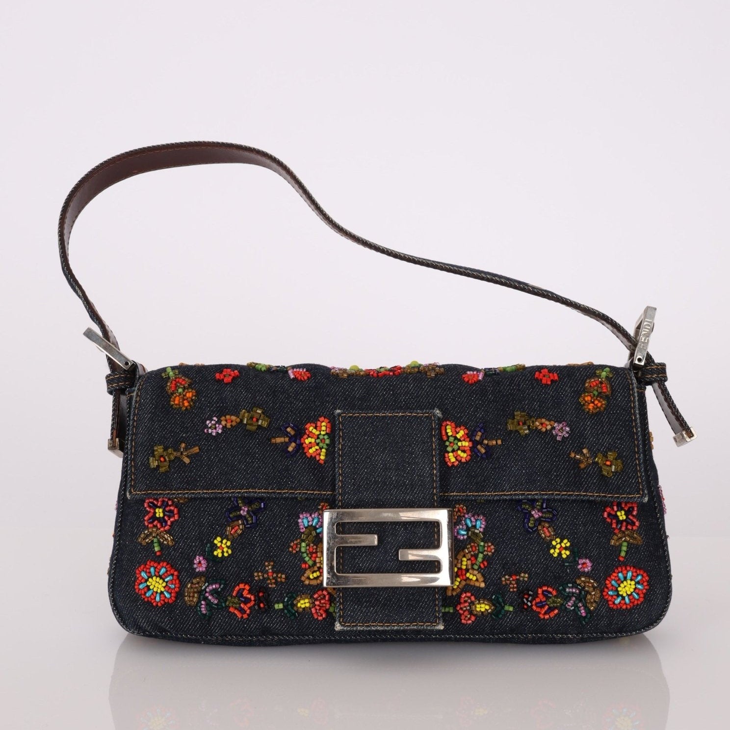 Limited Edition Fendi Floral Denim Beaded Baguette Bag - FashioNica