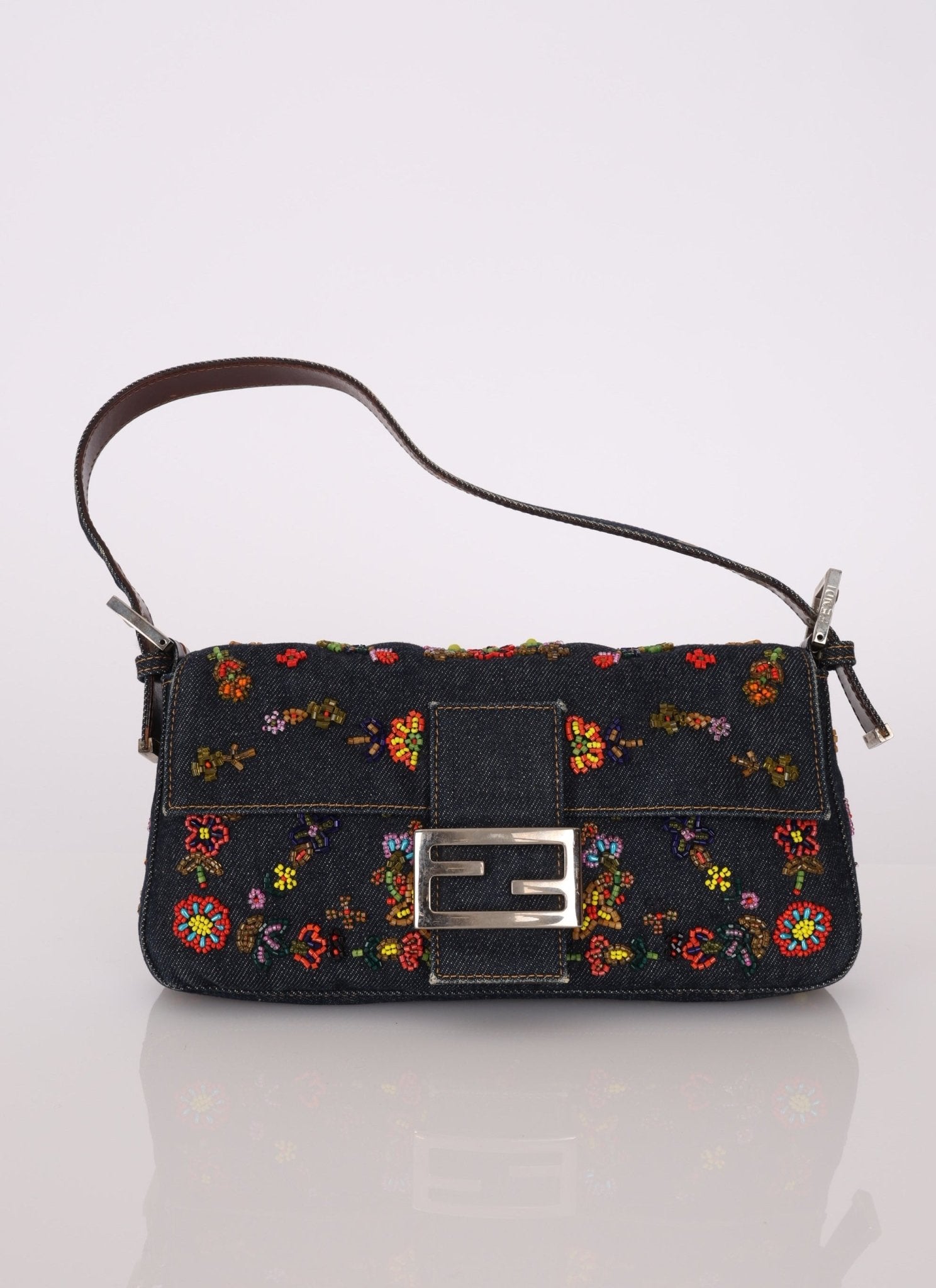 Limited Edition Fendi Floral Denim Beaded Baguette Bag - FashioNica