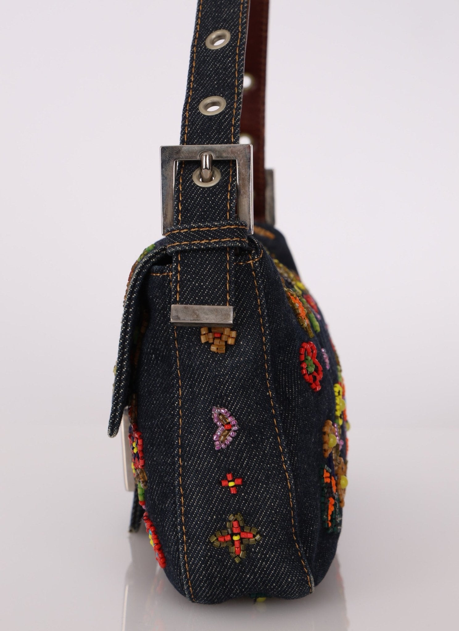 Limited Edition Fendi Floral Denim Beaded Baguette Bag - FashioNica