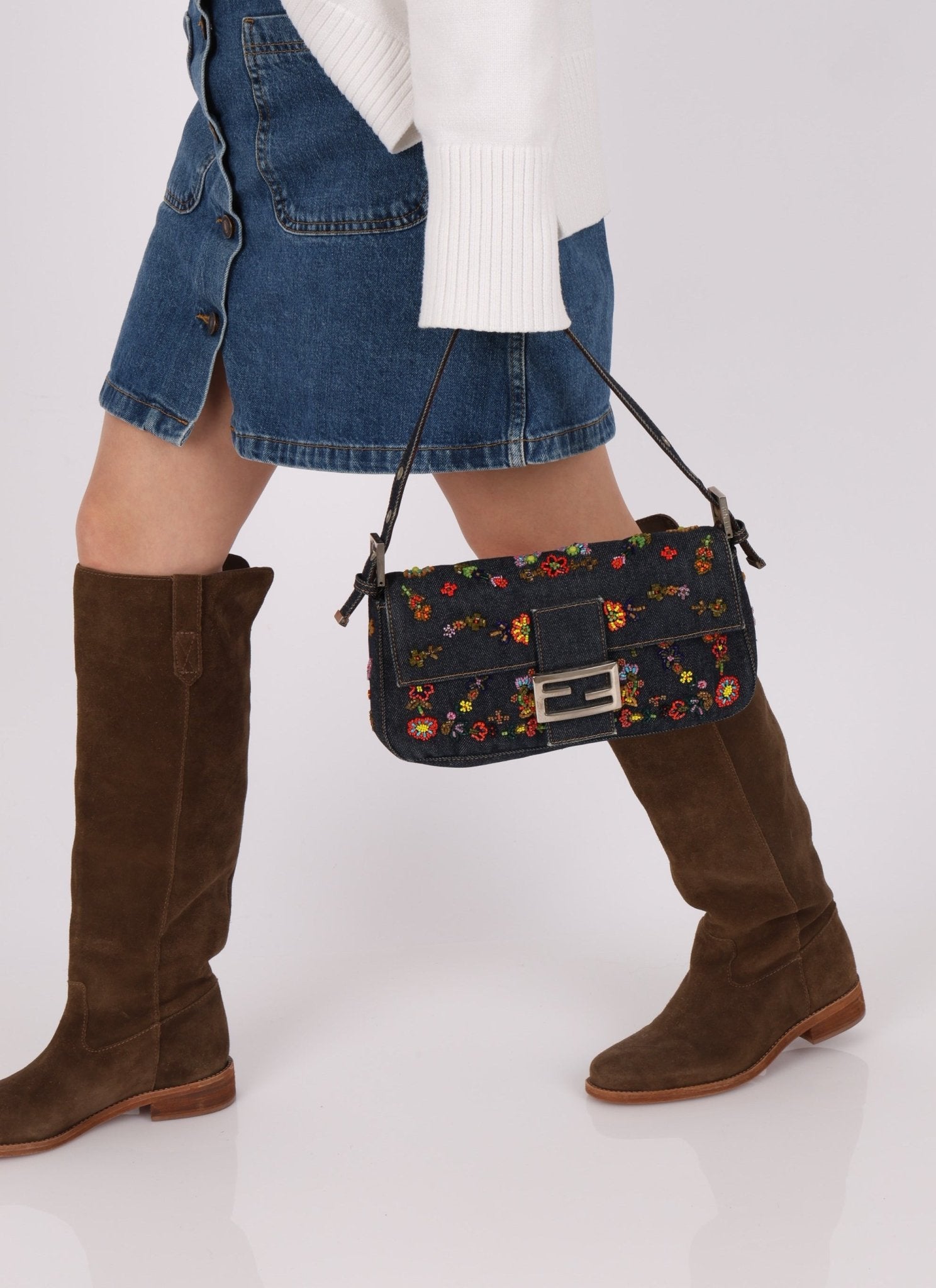 Limited Edition Fendi Floral Denim Beaded Baguette Bag - FashioNica