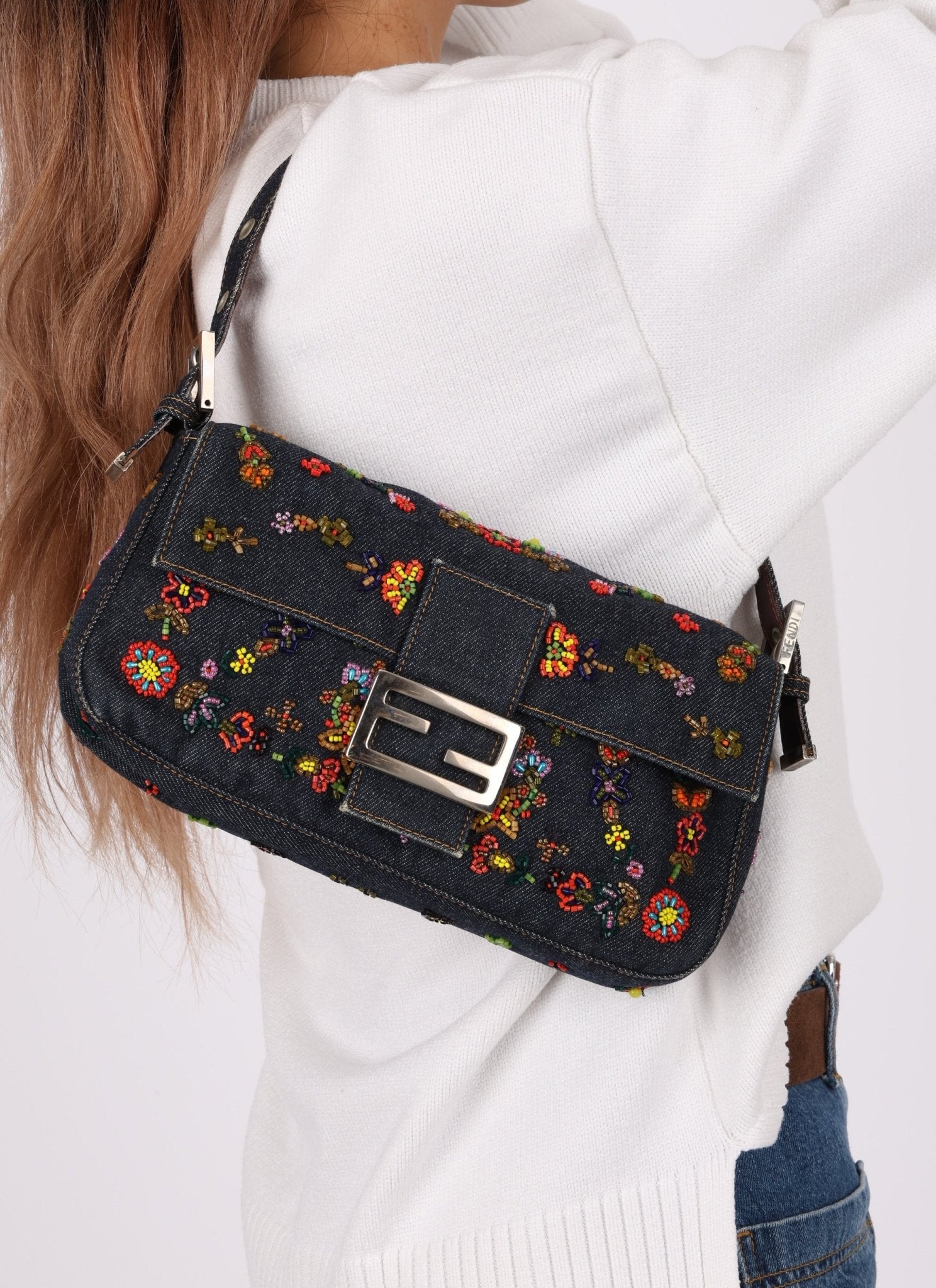 Limited Edition Fendi Floral Denim Beaded Baguette Bag - FashioNica