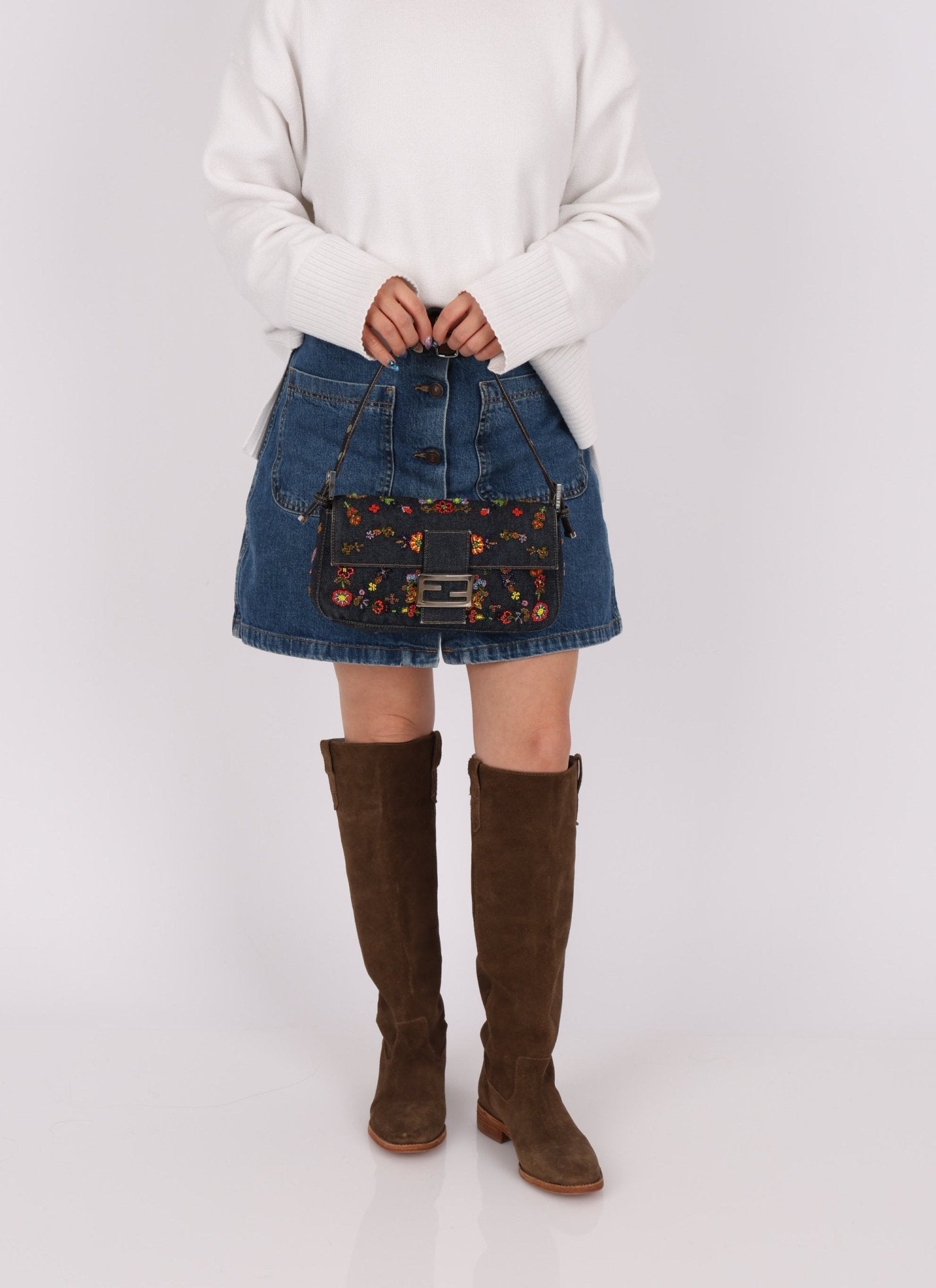 Limited Edition Fendi Floral Denim Beaded Baguette Bag - FashioNica