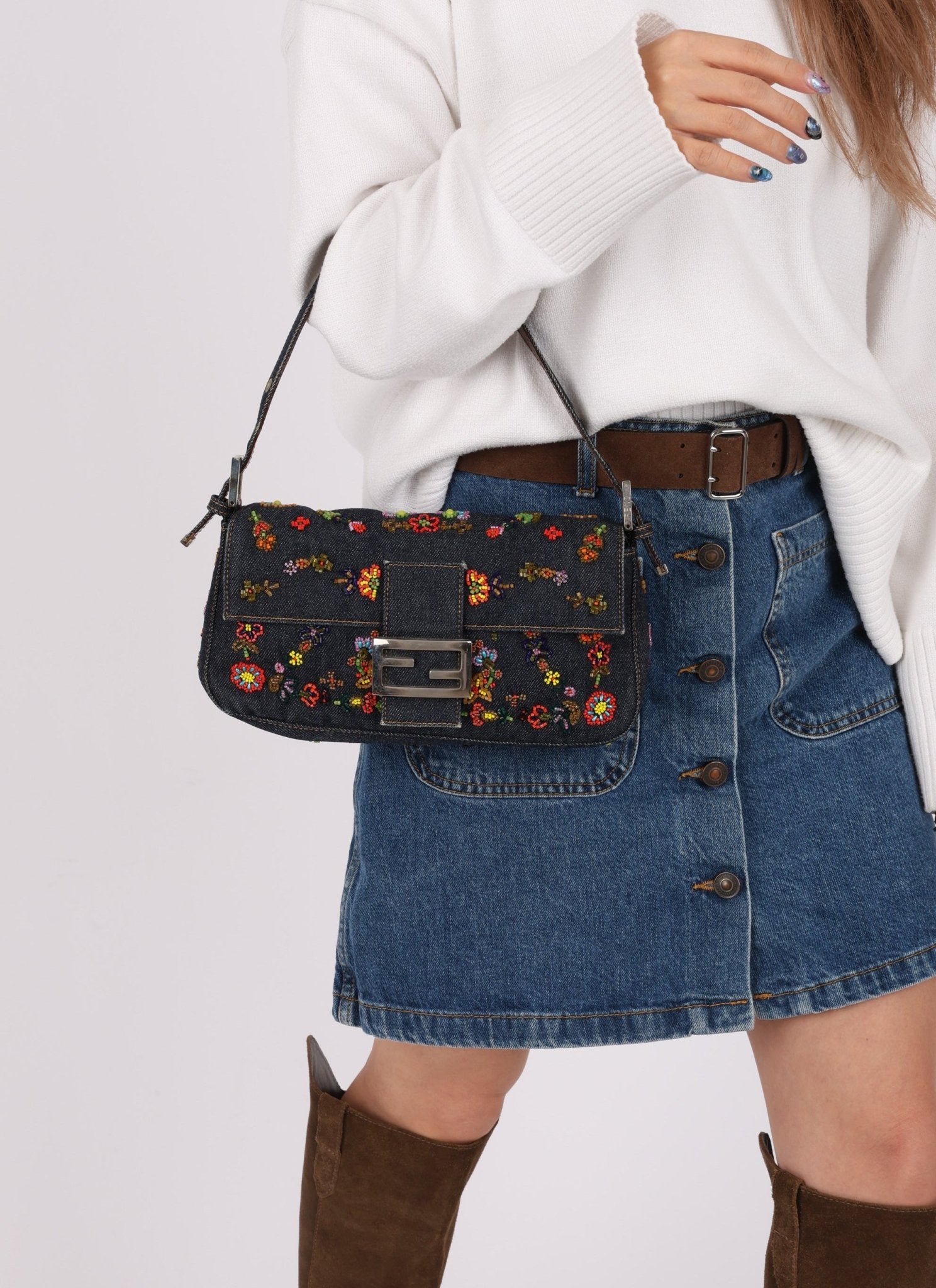 Limited Edition Fendi Floral Denim Beaded Baguette Bag - FashioNica