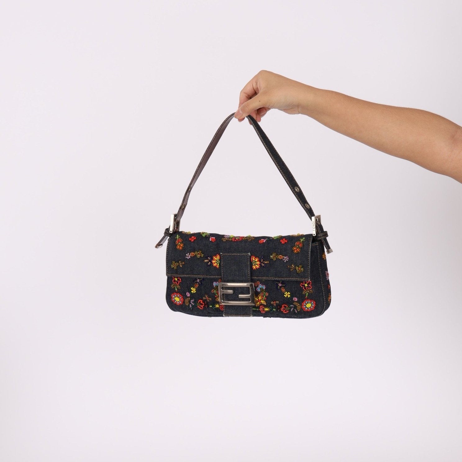 Limited Edition Fendi Floral Denim Beaded Baguette Bag - FashioNica
