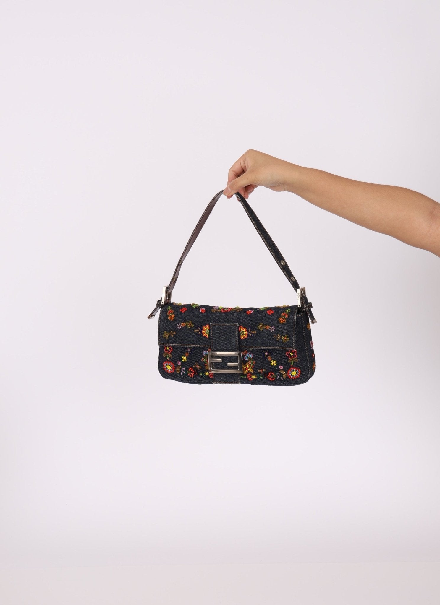Limited Edition Fendi Floral Denim Beaded Baguette Bag - FashioNica