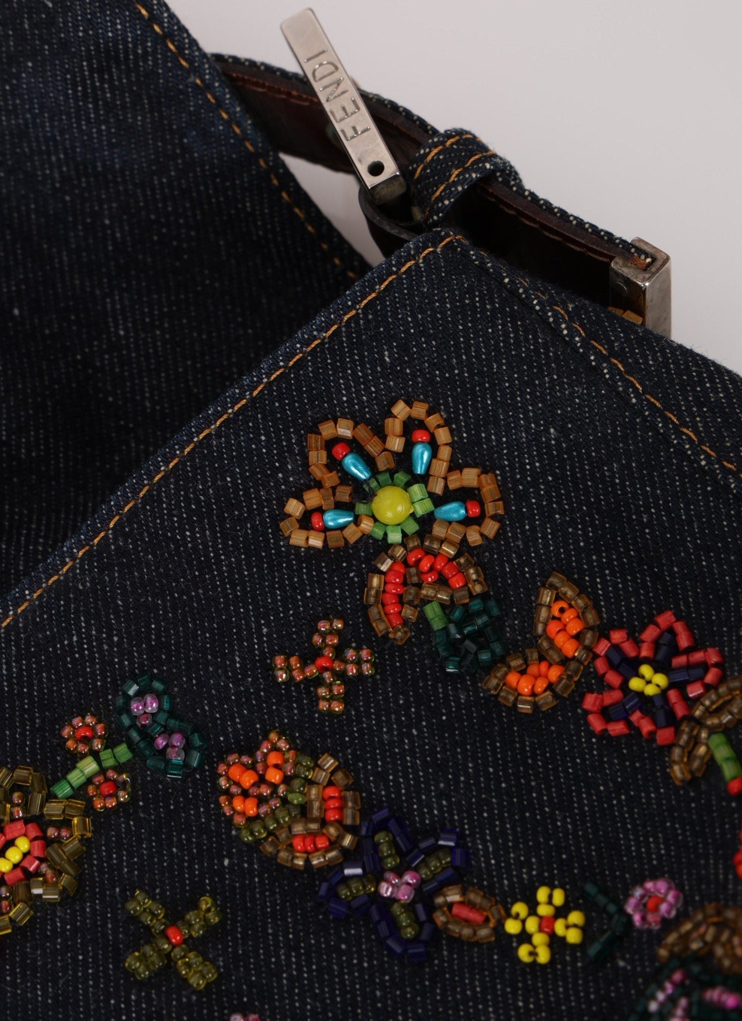 Limited Edition Fendi Floral Denim Beaded Baguette Bag - FashioNica