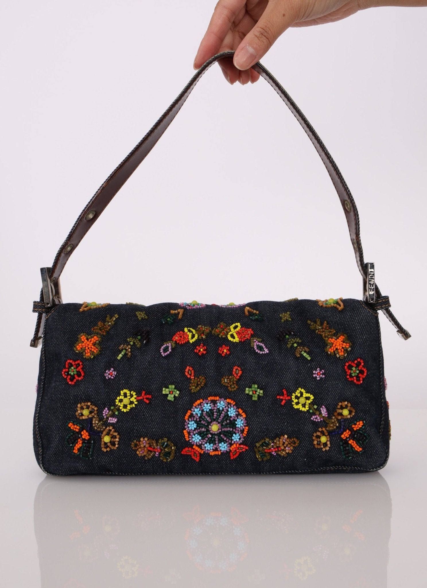 Limited Edition Fendi Floral Denim Beaded Baguette Bag - FashioNica