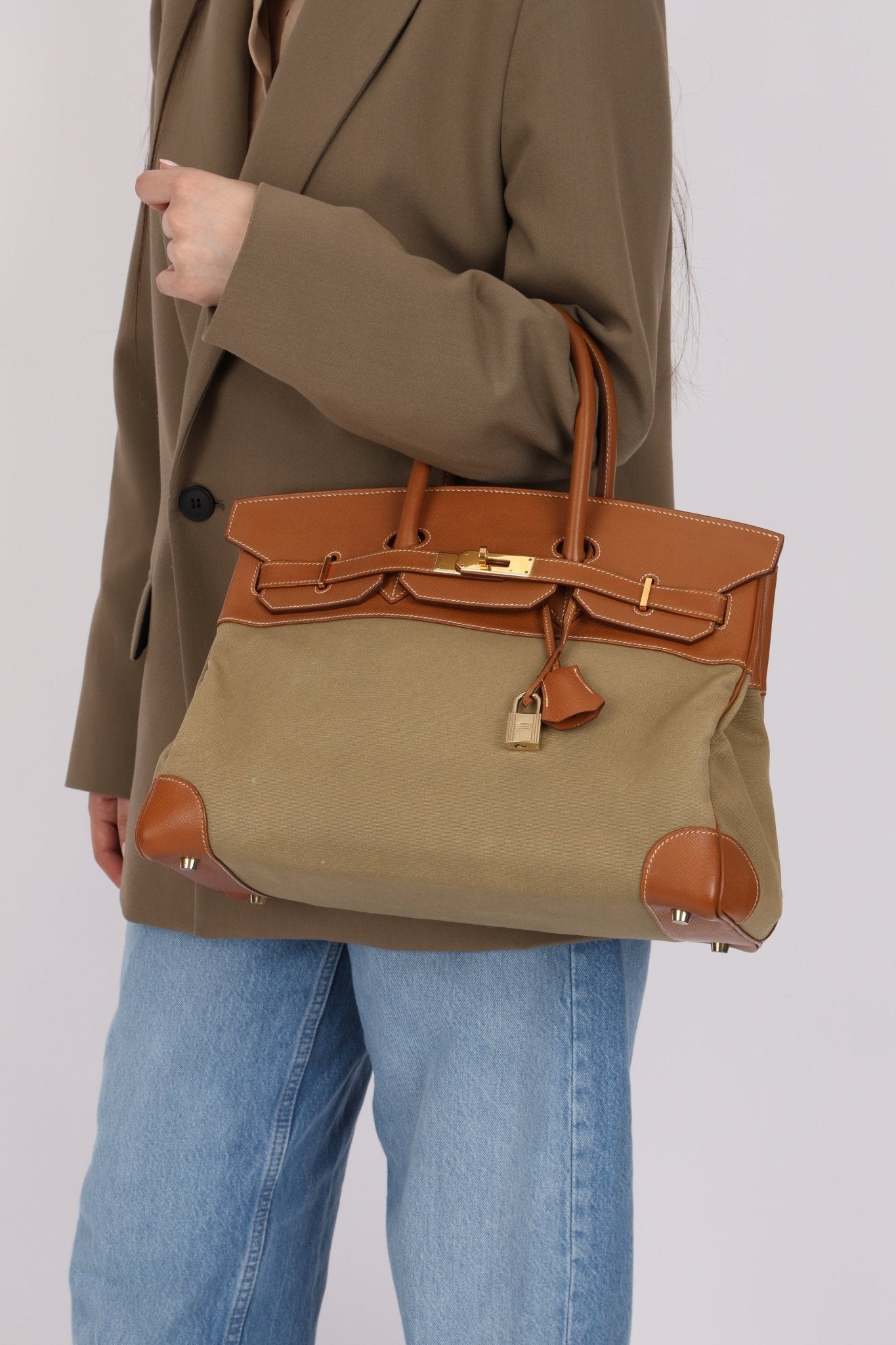 Limited Edition Hermès 1998 Vache Naturelle and Khaki Toile Birkin 35 GHW - FashioNica