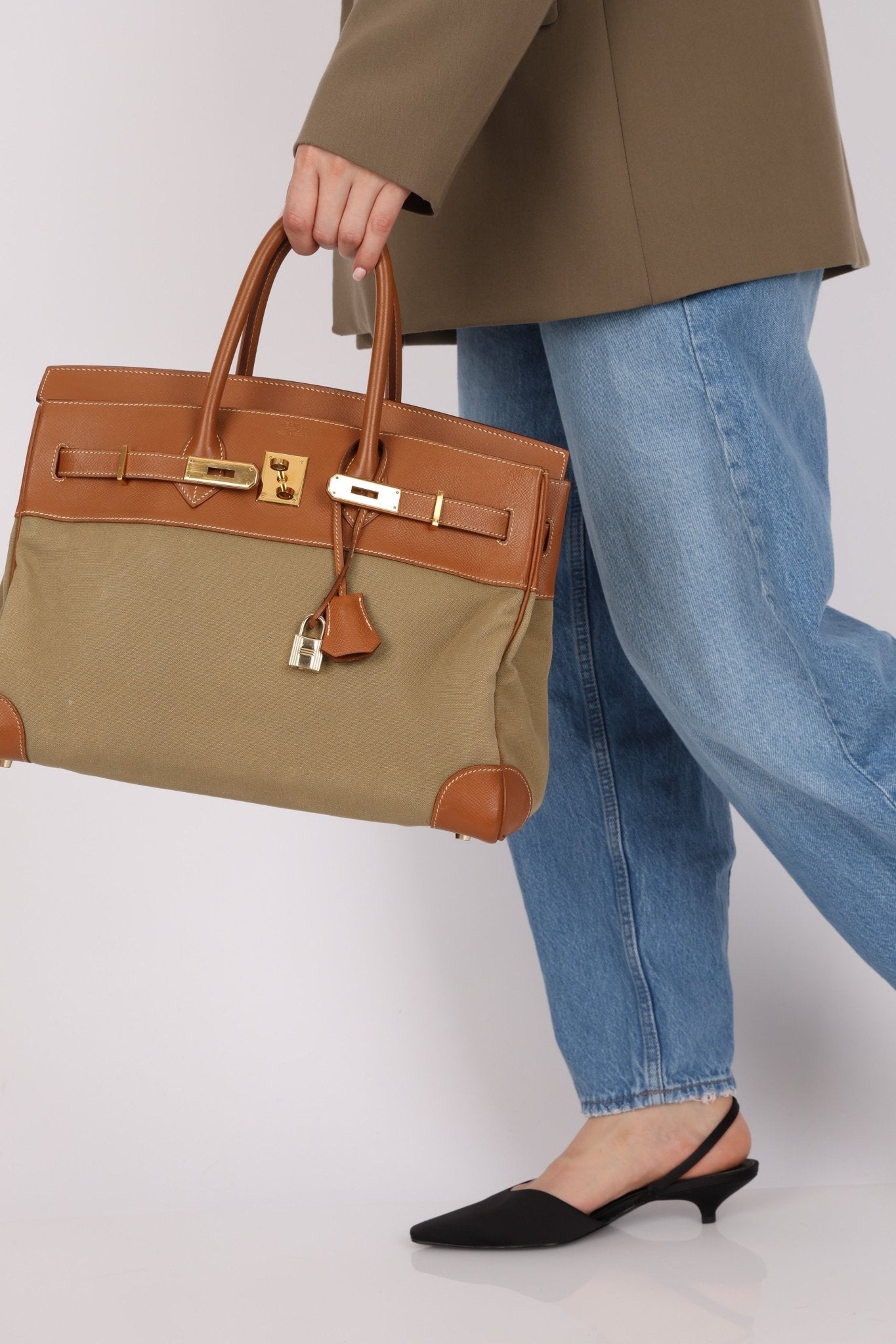 Limited Edition Hermès 1998 Vache Naturelle and Khaki Toile Birkin 35 GHW - FashioNica