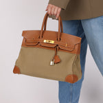 Limited Edition Hermès 1998 Vache Naturelle and Khaki Toile Birkin 35 GHW - FashioNica