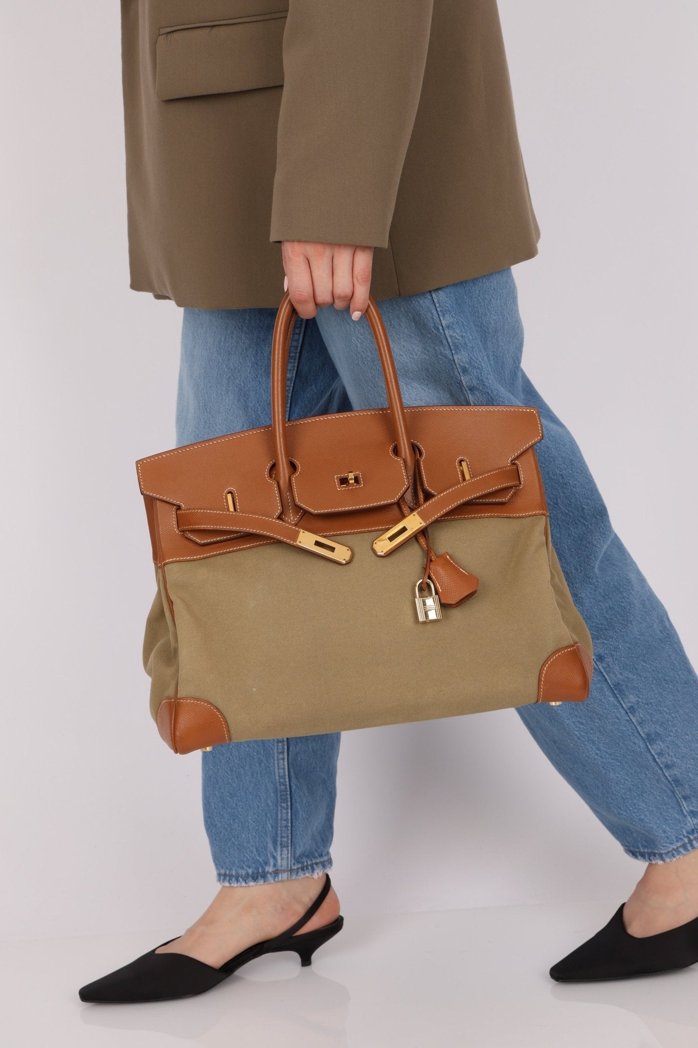 Limited Edition Hermès 1998 Vache Naturelle and Khaki Toile Birkin 35 GHW - FashioNica