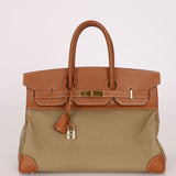 Limited Edition Hermès 1998 Vache Naturelle and Khaki Toile Birkin 35 GHW - FashioNica