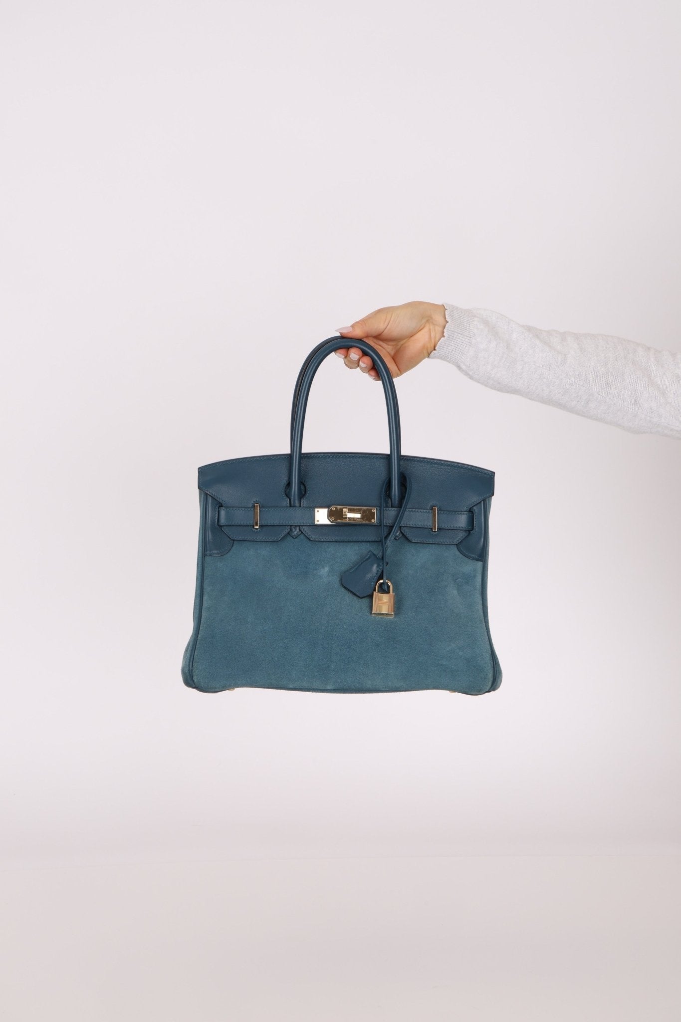 Limited Edition Hermès 2012 Veau Doblis Swift Grizzly Bleu Tempete Birkin 30 Retourne GHW - FashioNica