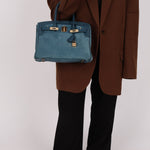 Limited Edition Hermès 2012 Veau Doblis Swift Grizzly Bleu Tempete Birkin 30 Retourne GHW - FashioNica