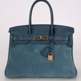 Limited Edition Hermès 2012 Veau Doblis Swift Grizzly Bleu Tempete Birkin 30 Retourne GHW - FashioNica