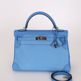 Limited Edition Hermès 2015 Bleu Paradise Clemence and Evercolor Ghillies Kelly 32 Retourne PHW - FashioNica