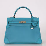 Limited Edition Hermès 2015 Turquoise Togo & Swift Ghillies Kelly 32 PHW - FashioNica