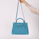 Limited Edition Hermès 2015 Turquoise Togo & Swift Ghillies Kelly 32 PHW - FashioNica