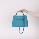 Limited Edition Hermès 2015 Turquoise Togo & Swift Ghillies Kelly 32 PHW - FashioNica