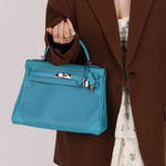 Limited Edition Hermès 2015 Turquoise Togo & Swift Ghillies Kelly 32 PHW - FashioNica