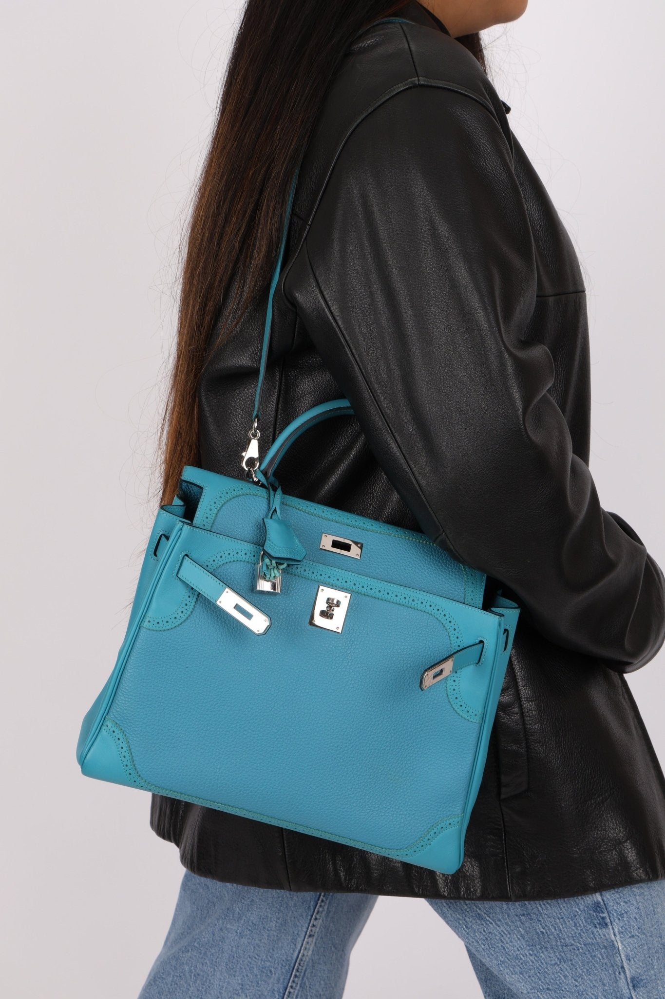 Limited Edition Hermès 2015 Turquoise Togo & Swift Ghillies Kelly 32 PHW - FashioNica