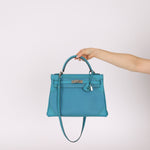 Limited Edition Hermès 2015 Turquoise Togo & Swift Ghillies Kelly 32 PHW - FashioNica
