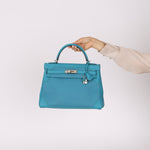 Limited Edition Hermès 2015 Turquoise Togo & Swift Ghillies Kelly 32 PHW - FashioNica