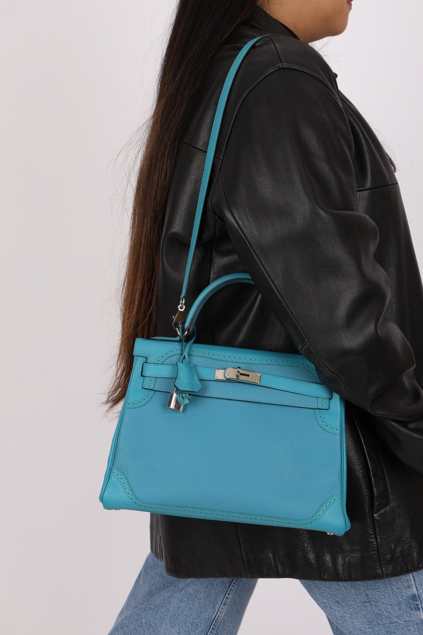 Limited Edition Hermès 2015 Turquoise Togo & Swift Ghillies Kelly 32 PHW - FashioNica