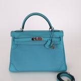 Limited Edition Hermès 2015 Turquoise Togo & Swift Ghillies Kelly 32 PHW - FashioNica