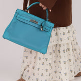 Limited Edition Hermès 2015 Turquoise Togo & Swift Ghillies Kelly 32 PHW - FashioNica