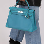 Limited Edition Hermès 2015 Turquoise Togo & Swift Ghillies Kelly 32 PHW - FashioNica