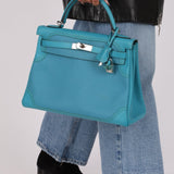 Limited Edition Hermès 2015 Turquoise Togo & Swift Ghillies Kelly 32 PHW - FashioNica