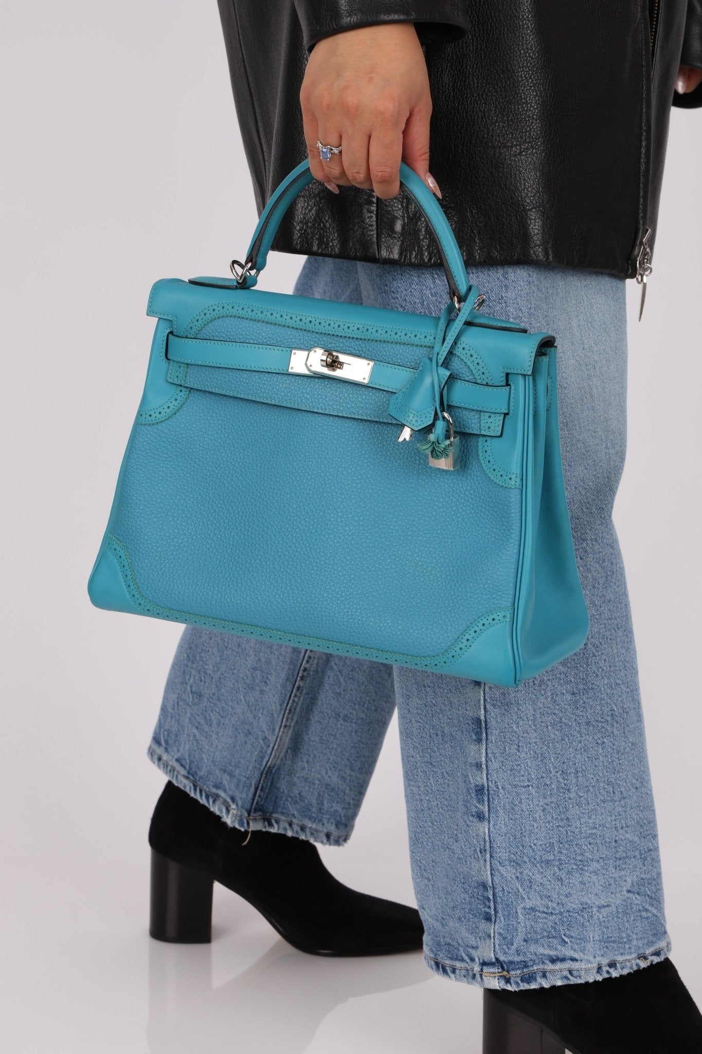 Limited Edition Hermès 2015 Turquoise Togo & Swift Ghillies Kelly 32 PHW - FashioNica